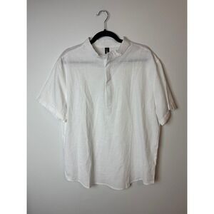 Ouku Mens White Linen Blend Short Sleeve Henley Mandarin Collar Shirt XL NWT